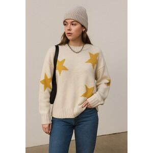 Oversized White and Yellow Star Mock Neck Sweater Size M Cozycore Streetwear